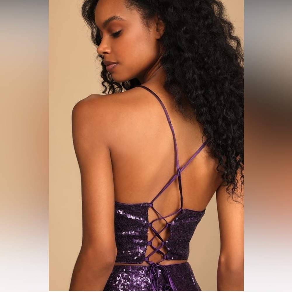 LULUS Purple Sequin Lace-Up Two-Piece Mini Dress NWT Size Large - Picture 2 of 14